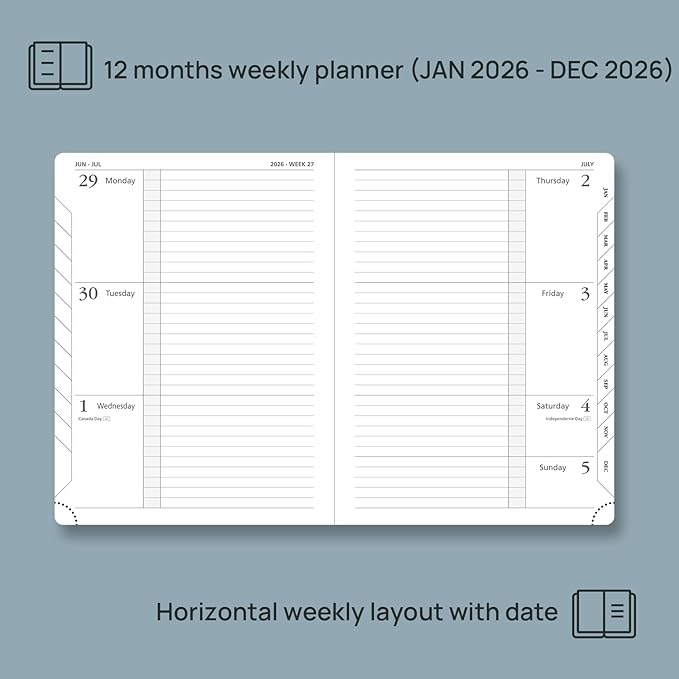 POPRUN Weekly Planner 2026 Calendar (Medium 6.75" x 8.75") 12 Months Notebook with Horizontal Layout, Leather Hardcover, Inner Pocket, 100GSM Thick Paper, Pen Holder - Pacific Green