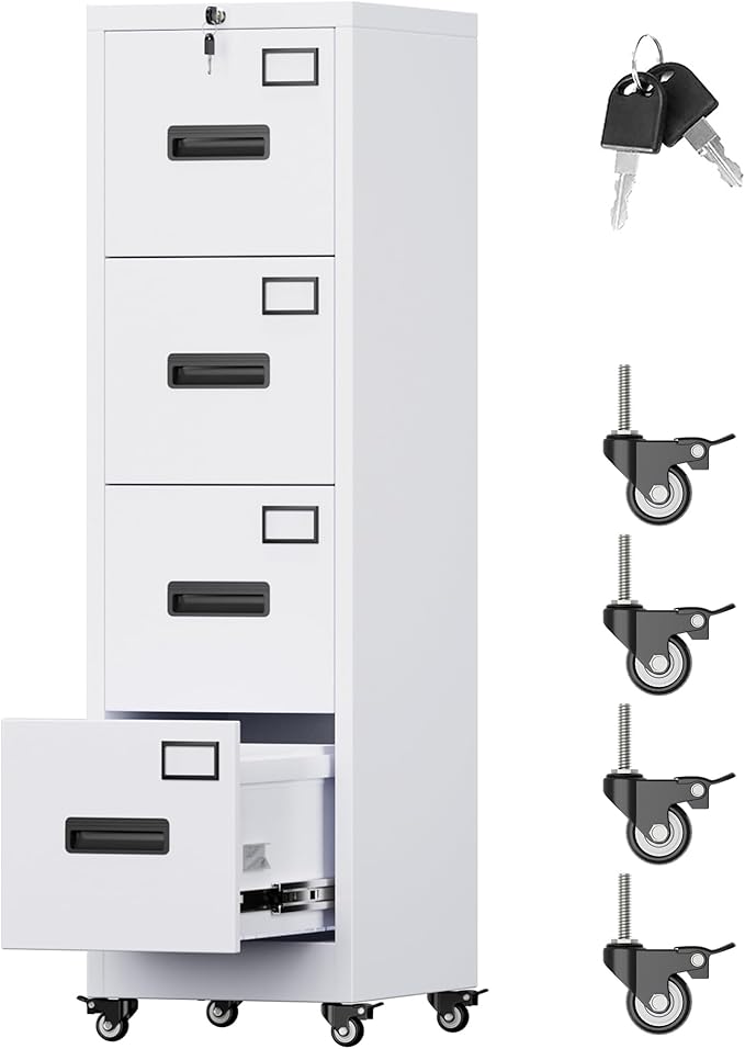 Aobabo File Cabinet 4 Drawer with Wheels, Lockable Office Metal Filing Cabinet with Name Card for Office and Home,Required Assembly,White