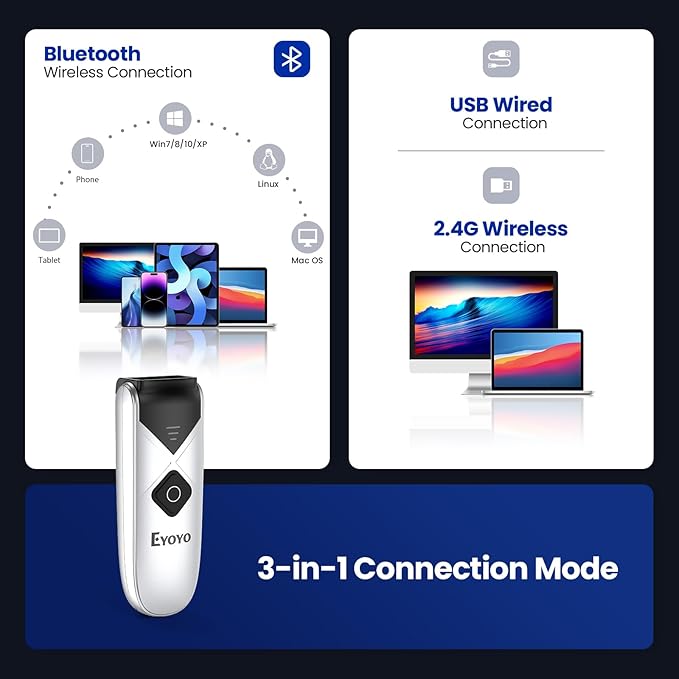 Eyoyo Bluetooth 2D&1D Barcode Scanner, Portable Wireless Mini but Powerful Barcode Reader with 2.4G Wireless&Bluetooth&USB Wired Connection, QR Code Scanner for Phone, Tablet PC