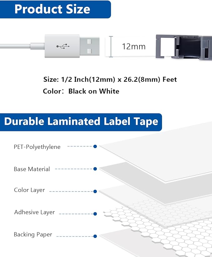 3-Pack TZe-231 TZ Tape 12mm 0.47 Laminated White Compatible with P Touch Label Maker Tape TZe-231 TZ-231 TZe231 Black on White Use with Ptouch PT-D220 D210 H110 D400 D600, 1/2 Inch x 26.3 ft