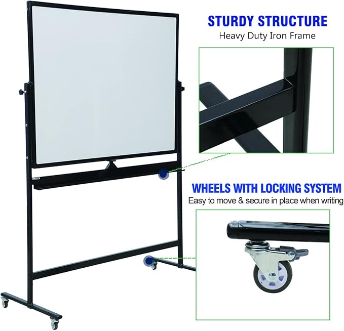 72" x 48" Double-Sided Mobile Whiteboard with Stand, Extra Large Rolling Magnetic Dry Erase Board, Reversible Black Frame Whiteboard for Office, Classroom, Heavy-Duty Presentation Easel