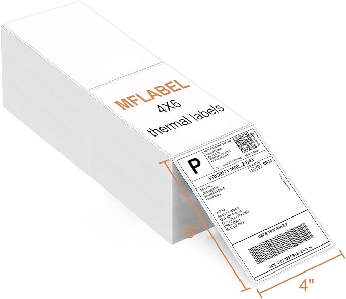 MFLABEL® 8 Stacks Fanfold 4" x 6" Direct Thermal Labels White Perforated Shipping Label (2,000 Labels per Stack) (8 Stacks)