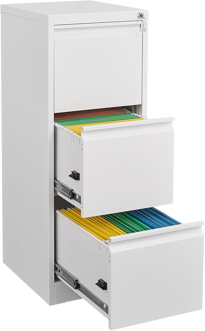 3 Drawer File Cabinet with Lock, Vertical File Cabinets for Home Office, Metal Filing Cabinets, Heavy Duty Steel Lockable Filing Storage Cabinet for Letter/Legal/A4/F4 Size Files, White
