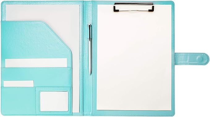 Clipboard Folder Padfolio, Writing Portfolio Faux Leather Clipboards with Cover for Legal Pad Holder Letter Size A4 8.5 x 11 for Business Conference Notepad Clip Boards (Pale Turquoise)