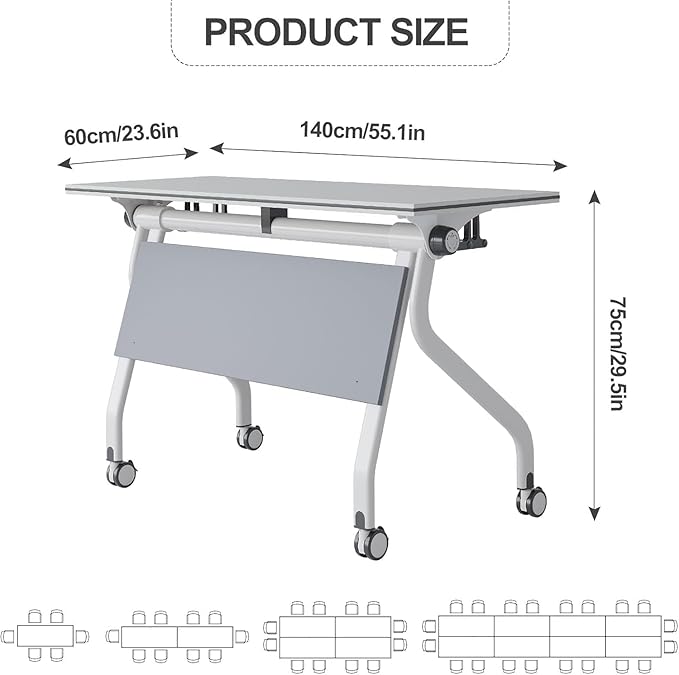 Conference Table, Folding Conference Desk Modern White, Seminar Table with Wheels, 2-10 People for Office, Meeting Break Room(6, 1606YH, 55IN)
