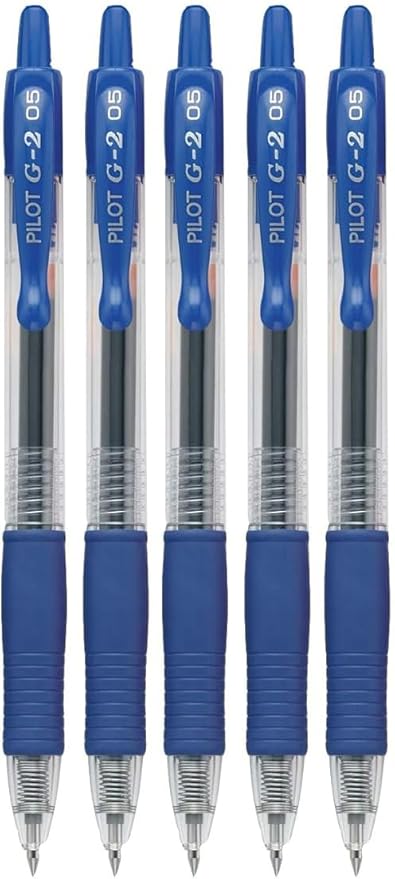 G2 Retractable Premium Gel Ink Roller Ball Pens Extra Fine Point (.5mm) Blue Ink 5 pack; Refillable & Premium Comfort Grip Bundle with Plastic Reusable Pouch