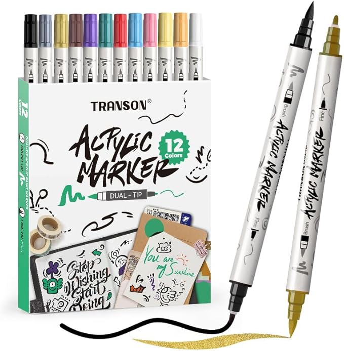TRANSON 12 Colors Fine and Brush Dual-tip Acrylic Paint Marker Pen Set for Canvas Rock Wood Leather Ceramic DIY Painting