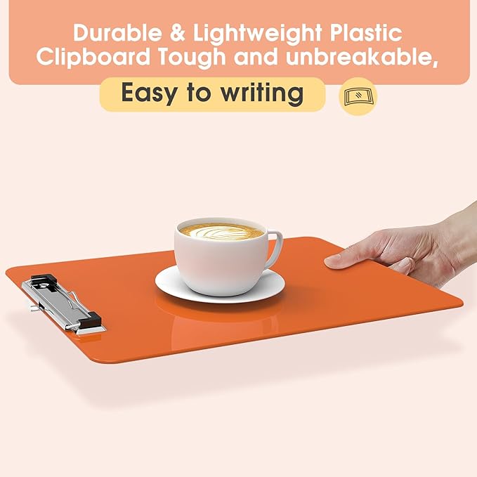 Plastic Clipboards, A4 Orange Clip Board 8.5x11 for Classroom, Students, Kid, Woman, Size 9" x 12.5" with Low Profile Clip, Office & School Supply