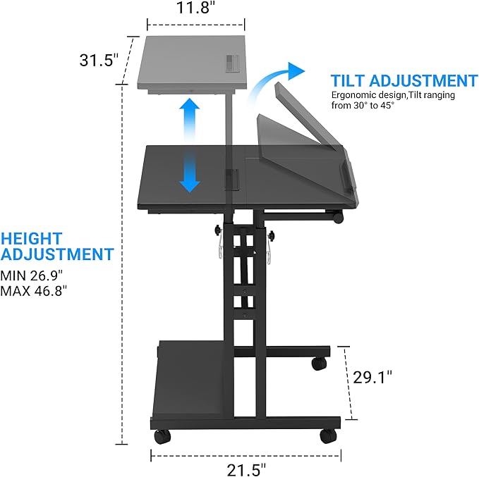 Panta Mobile Standing Desk, Adjustable Rolling Computer Desk with 3 Desktops, Portable Laptop Table with Desk Cup Holder, Home Office Laptop Workstation on Lockable Wheels, Black
