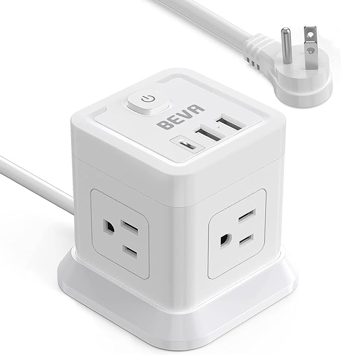 BEVA Power Strip with USB - 10ft Long Extension Cord with 4 Widely Spaced Outlets and 3 USB Ports Cube Desktop Charging Station, Overload Protection, Compact for Travel, Cruise Ship and Dorm