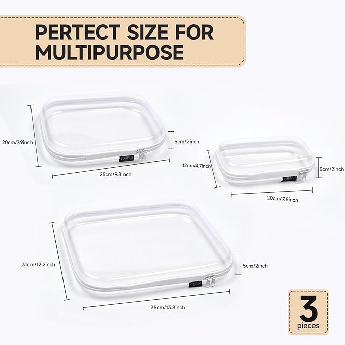Bliss Bins - Hard Sided Clear Zipper Case for Storage- Professional-Grade Plastic Clear Zipper Pencil Case,Toy Storage Bins, Toiletry Pouch, Travel Organizer, Cosmetic Bag（White,3 Pack, LMS）