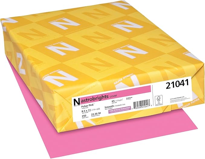 Astrobrights® Colored Card Stock, Bright Color Cover Paper, 8 1/2" x 11", FSC® Certified, 65 Lb, Pulsar Pink™, Pack Of 250 Sheets