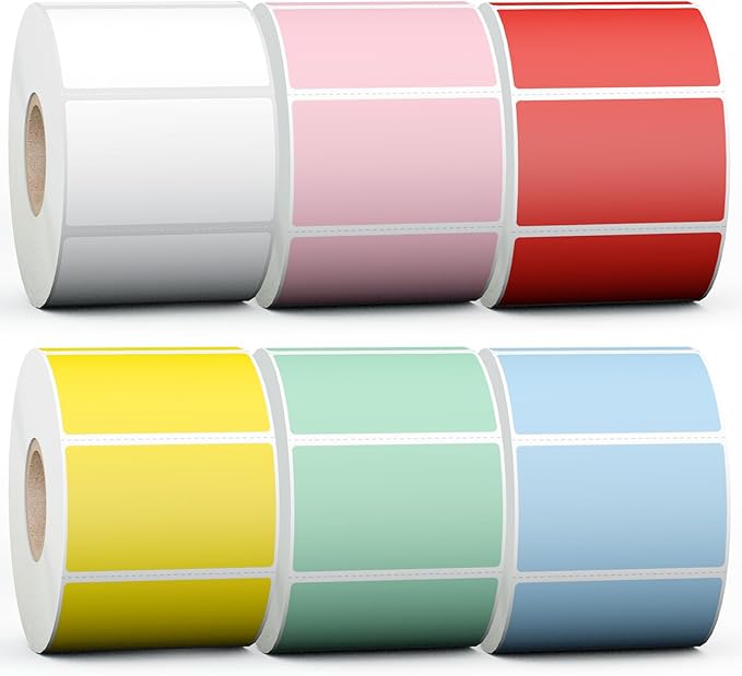 Misofuki 2.25x1.25 6000 Labels 6-Color Assorted Rectangular Direct Thermal Label Rolls Bulk Set Compatible with Zebra Rollo MUNBYN POLONO & Other Thermal Printer, Self-Adhesive Direct Thermal Stickers