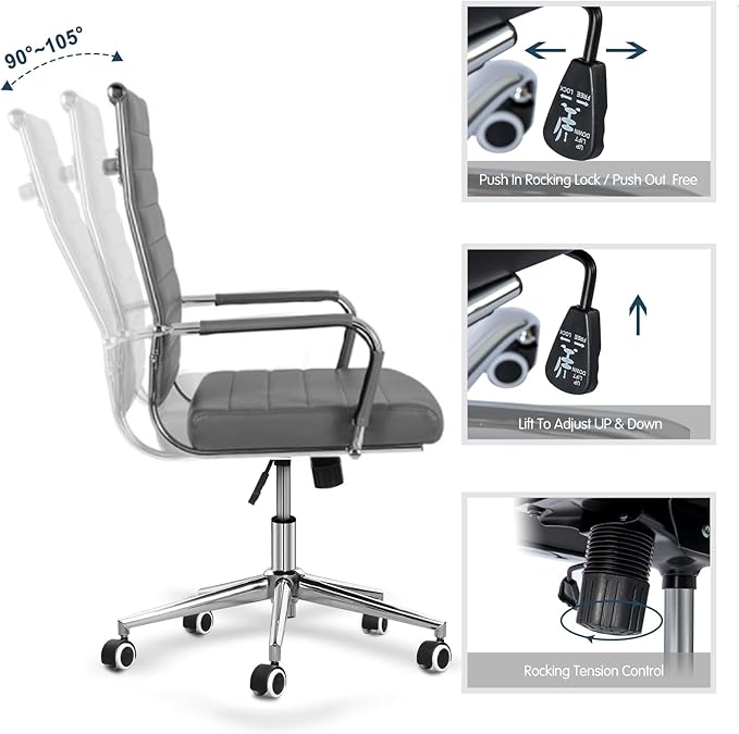 Home Office Chair Ribbed, Modern Leather Conference Waiting Room Chairs,Ergonomic Office Desk Chair, High Back Executive Computer Chair, Adjustable Swivel Chair with Arms (Gray)