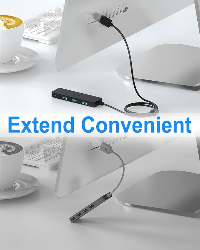 Aceele USB Hub 3.0 Splitter with 4ft Extension Long Cable Cord, 4-Port Ultra-Slim Multiport Expander for Desktop Computer PC, Laptop, Chromebook, Mac Mini, iMac, PS4, Flash Drive Data and More