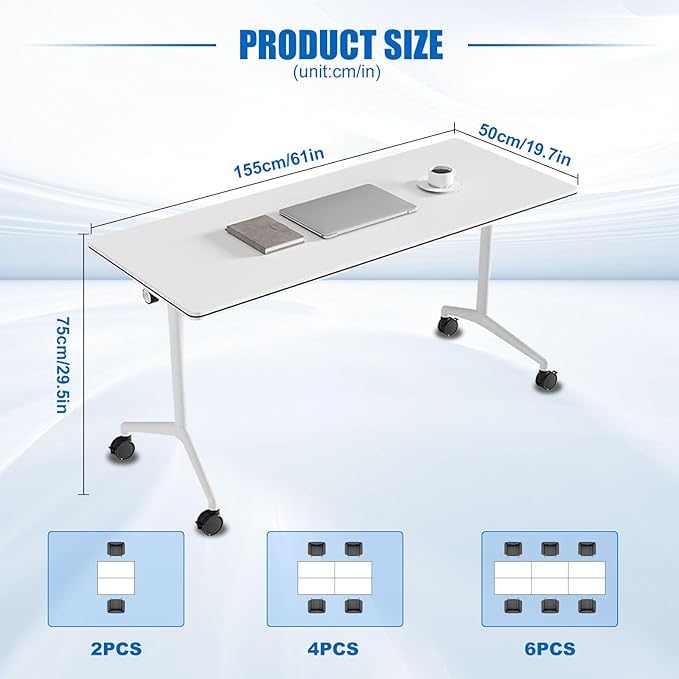 Conference Table, Folding Conference Desk Modern White, Seminar Table with Wheels, 2-10 People for Office, Meeting Break Room (2, 1915, 61IN)