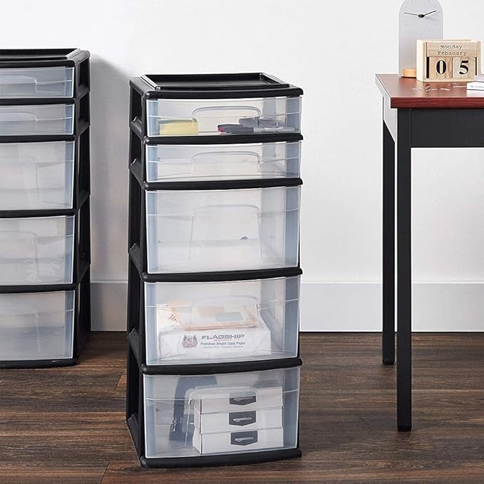 HOMZ 2-Pack 5-Drawer Storage Unit, Home & Office Plastic Organizer, Black Frame