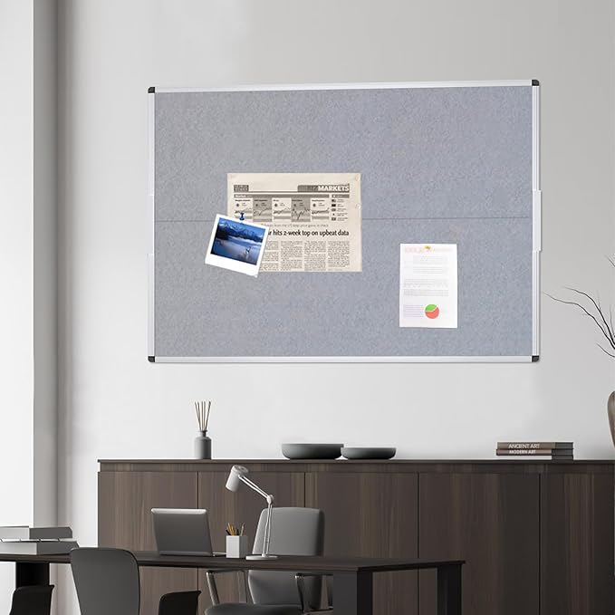 VIZ-PRO Large Fabric Bulletin Board/Foldable Notice Board Felt Gray, 60 X 48 Inches, Silver Aluminium Frame