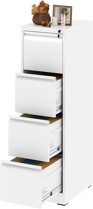 4 Drawer File Cabinet with Lock, Vertical Filing Cabinets for Home Office, Locking File Cabinet Hanging Files for A4/ Legal/Letter, Require Assembly, White