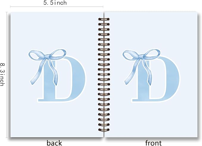 Initial D Notebook Journal,Personalized Teen Girl Gifts,Coquette Trendy Preppy Blue Bow Spiral Notebook,Monogrammed Gifts for Women Teen Girl,College Ruled Hardcover Spiral Notebook 5.5 x 8.3