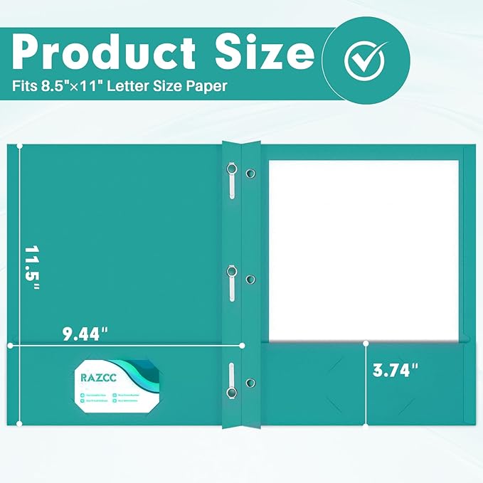 Two Pocket Folders, RAZCC 75 Pack Two Pocket Folders with Prongs, 3 Prong Folders Fit Letter Size Paper, Pocket File Folders for School Office Home Business, Turquoise