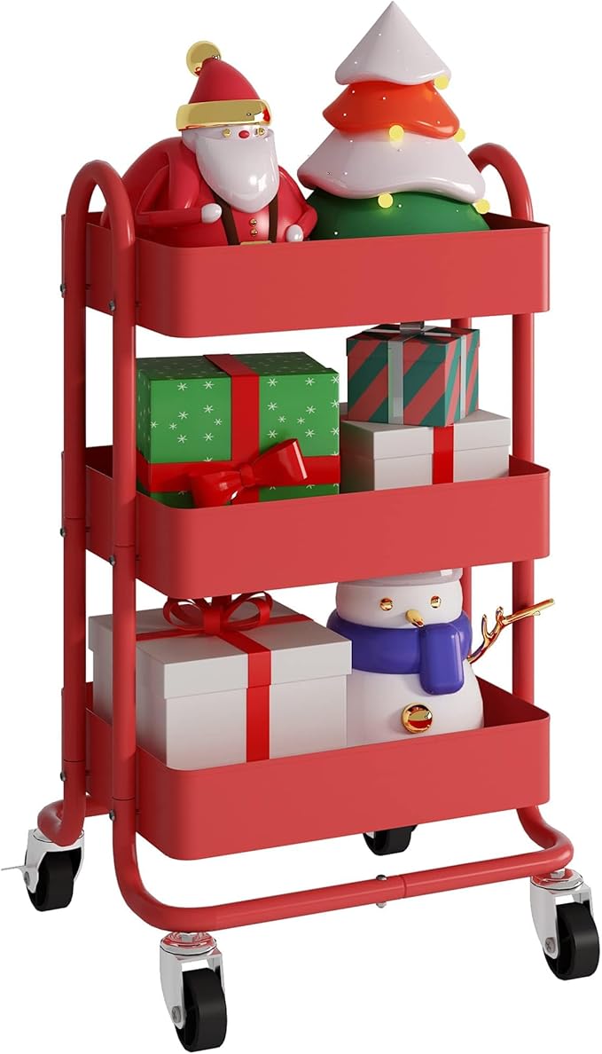 3-Tier Red Utility Rolling Cart,Kitchen Storage Carts with Wheels,Red Metal Rolling Cart for Office,Home,Kitchen,Garden（13.4"x18.1"x31"） Red