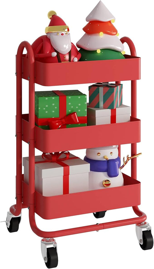 3-Tier Red Utility Rolling Cart,Kitchen Storage Carts with Wheels,Red Metal Rolling Cart for Office,Home,Kitchen,Garden（13.4"x18.1"x31"） Red