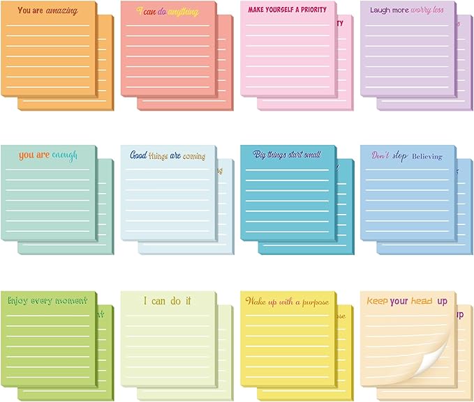 Yinder 24 Pcs Inspirational Sticky Notes with Lines Cute Motivational Sticky Notes Pad Employee Appreciation Gifts Bulk for Teacher Nurse Coworkers Office Supplies 3 x 3''(Light Color,Inspirational)