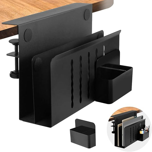 Desk Side Storage, 2 Tier Steel Hanging Organizer, No Drill Side Desk Organizer, Laptop Holder, with Pen Holder, For Office Supplies & Studio Essentials Black