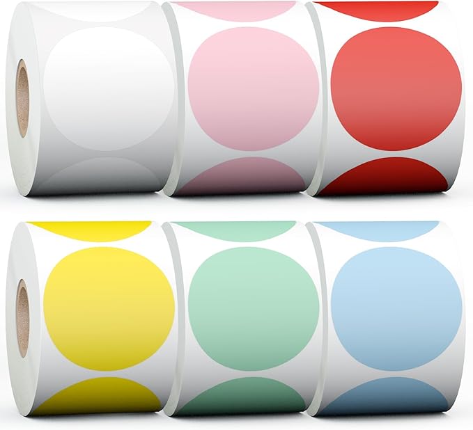 Misofuki 2" 4500 Labels 6-Color Assorted Circle Direct Thermal Stickers Label Rolls Bulk Set Compatible for Zebra Rollo MUNBYN POLONO & Other Thermal Printers,Self-Adhesive Round Direct Thermal Labels