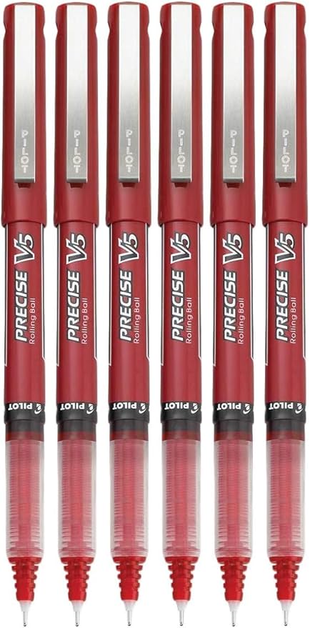 Precise V5 Stick Rolling Ball Pens, Extra Fine Point (.5mm), Red Ink, 6-pk; Bundle with Plastic Reusable Pouch