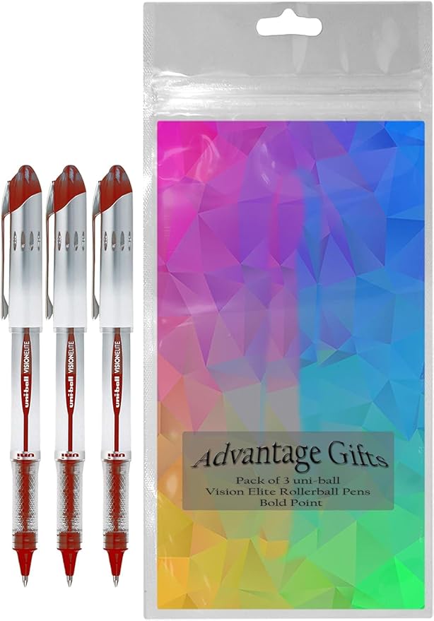 Vision Elite Rollerball Pens, Bold Point (0.8mm), Red Ink, 3 count, Bundle with Plastic Reusable Pouch