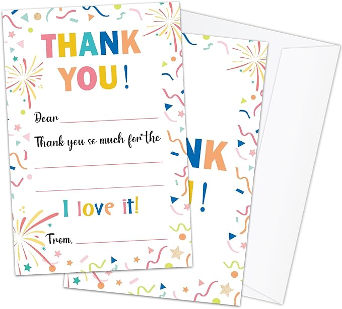 Colorful Confetti Kids Thank You Cards Fill in the Blank with Envelopes, Thank You Notes Kids Thank You Cards 20 Card Set for Boys or Girls (4 * 6 inches) -03