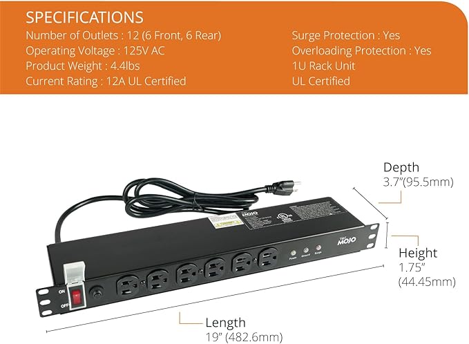 Tecmojo 1U Rackmount Network-Grade PDU Surge Protector Power Strip, 12 Outlets (6 Front, 6 Rear Wide Spaced) 12A 6ft Cord with 5-15P Lug - Black, UL Certified