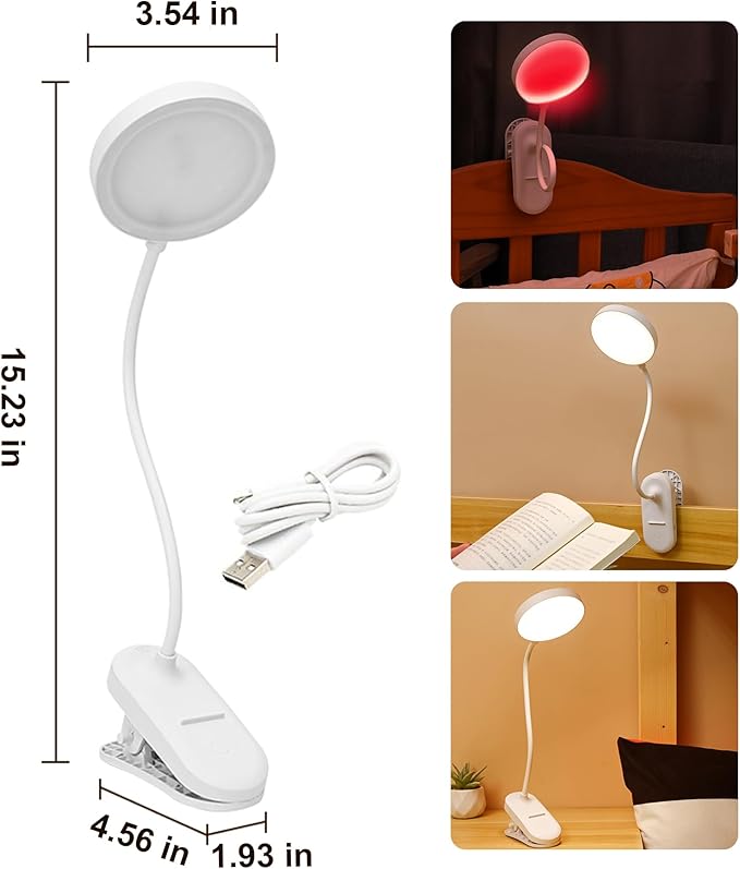SZOKLED Red Light Reading Lights for Books in Bed, Clip on Lamp with Timer & Dimmable, Rechargeable Eye Care Night Light for Bedroom, Desk, Laptop, Headboard