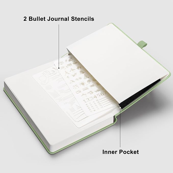 RETTACY Bullet Dotted Journal Notebook, 256 Pages, A5 Medium Size (5.7'' × 8.3''), Leather Hardcover, 120 GSM Thick Paper, for Bullet Journaling, Planning, Tracking (Light Green)