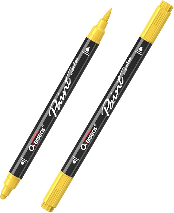 Overseas Yellow Acrylic Paint Markers, 2 Pack Dual Tip Paint Pens Acrylic Markers with Dot and Brush Tip, Coloring Marker for Wood, Rock, Canvas, Glass, Metal, Plastic, Fabric, School Supplies