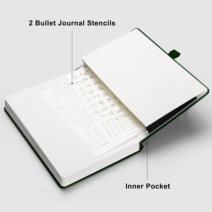 RETTACY Bullet Dotted Journal Notebook, 192 Pages, A5 Medium Size (5.7'' x 8.3''), Leather Hardcover, 100 GSM Thick Paper, for Bullet Journaling, Planning, Tracking (Dark Green)