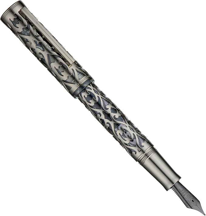 Hongdian D1 Piston Fountain Pen Fine Soft Nib, Jet Black Hollow Skeleton & Resin Pen with Metal Case Set