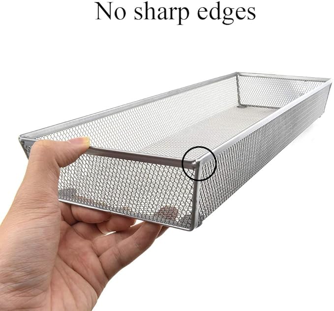 HAHIYO Stackable Mesh Tray Cup 15 x 6 x 2 inches Sturdy Container for Desk Drawer Organizer Collection for Home Office School kitchen Soft Foam Feet No Sharp Edges 1 Pack Silver