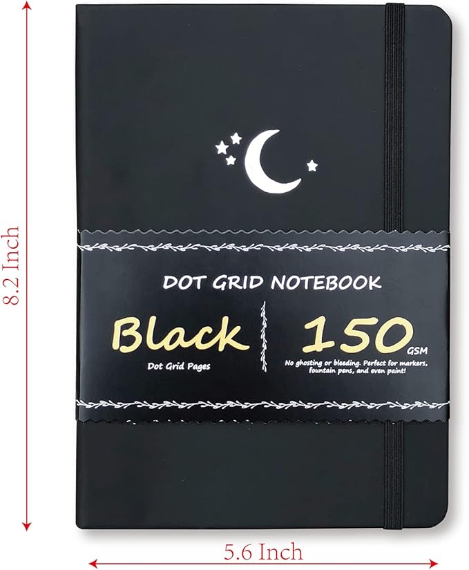BUKE Dotted Journal - Dot Grid Notebook - 150gsm No Bleed Black Paper - 160 Black Pages - For Women and Men - A5 PU Leather Hardcover 5.75" x 8.5" and Gift Box MOON Stars(BKB-4)