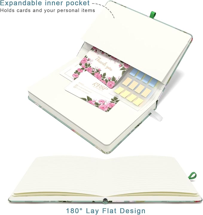 Small Notebook, Mini Pocket Journal A6 5.7" x 3.9", Leather Hardcover Journal with Pen Holder, 160 Thick Papers, Cute Lined Notebook Small Notepad for Women Writing Work Travel, Graceful Peony