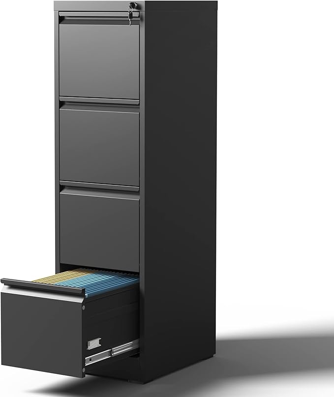 4 Drawer File Cabinet with Lock, Vertical File Cabinet with Lock, Locking File Cabinet Hanging Files for A4/ Legal/Letter, Require Assembly, Black