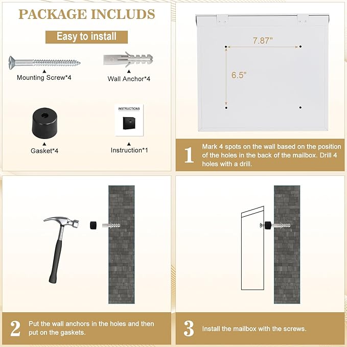 xydled Mail Boxes with Key Lock,Locking Mailbox Wall Mounted,Security Metal Mailbox Drop Box, Modern Large Capacity,Steel Cover Metal Postbox for House Home Outside, White, 14.2''x12.6''x4''