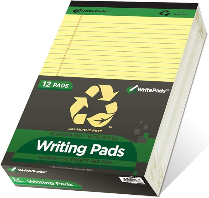 KAISA Legal Pads Writing Pads Recycled Paper, Wide Ruled 8.5"x11.75" Perforated 50 Sheets Notepads 8-1/2"x 11-3/4" Writed Pad, Canary 24Pads, KSU-5668