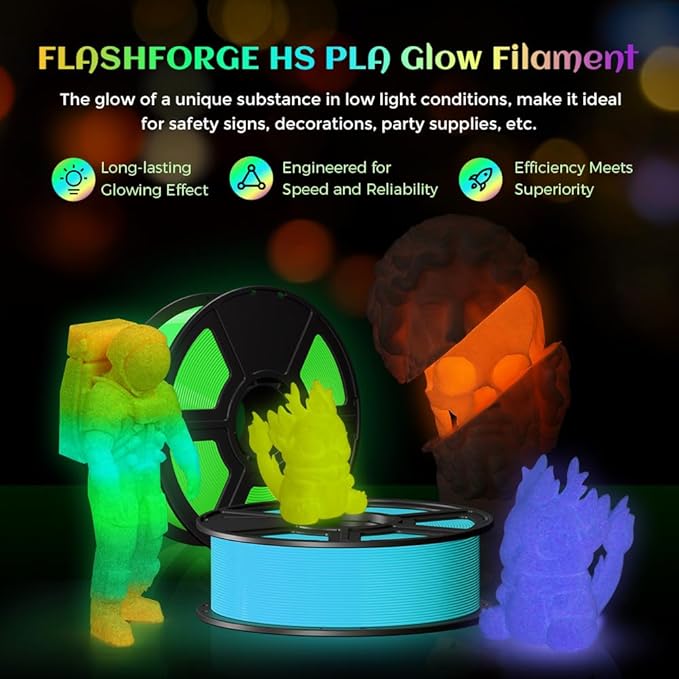 FLASHFORGE Glow in The Dark Rapid PLA Filament 1.75mm, High Flow Speedy 3D Printer Filament Luminous Green, Max 500mm/s High-Speed Printing, High Brightness and Long-Lasting Glowing Effect