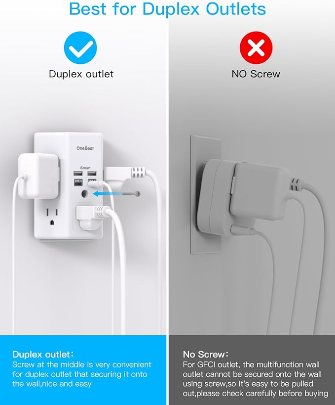 Surge Protector, 5 Outlets Extender with 4 USB Ports(USB C PD20W), 3-Side 1680J Power Strip Multi Plug Outlet Expander, USB Wall Charger, Outlet Splitter Adapter Wall Mount for Home Office(White)