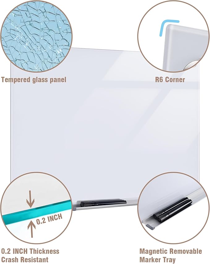 Magnetic Glass Whiteboard，60"x48" Wall Mounted Frameless Dry Erase Board for Office, Home & School Ultra White