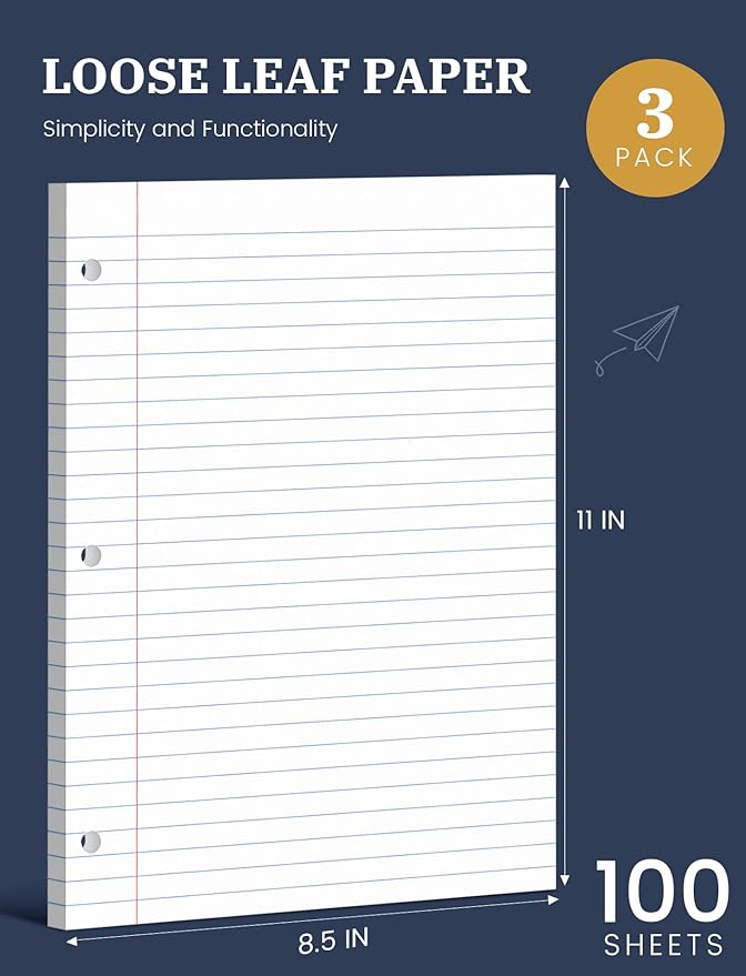 Loose Leaf Paper, 300 Sheets Notebook Paper, 3-Hole Punched Binder Paper 8-1/2 x 11 In Filler Paper, Wide Ruled Loose Leaf Paper 8.5 x 11 Lined Paper for 3 Ring Binder, White, 3 Pack, 100 Sheets/Pad