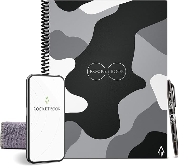 Rocketbook Core Reusable Spiral Notebook, Letter Size 8.5x11, Camo - Lined Pages, App-Connected, Erasable, Durable Cover, Ideal for School, Work, and Creative Projects